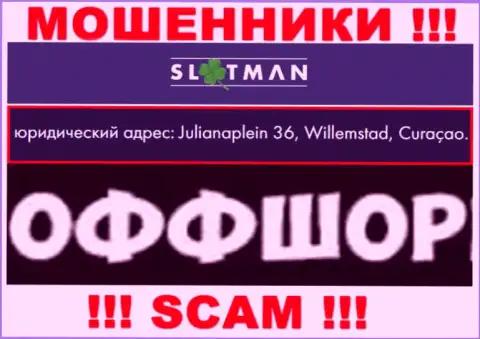 SlotMan Com - это неправомерно действующая организация, пустила корни в оффшорной зоне Julianaplein 36, Виллемстад, Кюрасао, будьте крайне внимательны