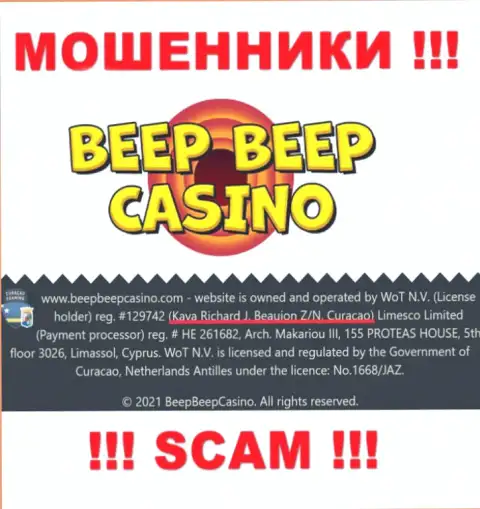 Beep Beep Casino - это преступно действующая организация, которая отсиживается в офшорной зоне по адресу: Kaya Richard J. Beaujon Z/N, Curacao