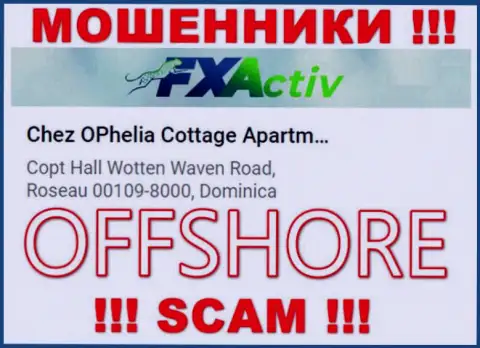 Организация FXActiv Io пишет на web-сайте, что находятся они в офшоре, по адресу Chez OPhelia Cottage ApartmentsCopt Hall Wotten Waven Road, Roseau 00109-8000, Dominica