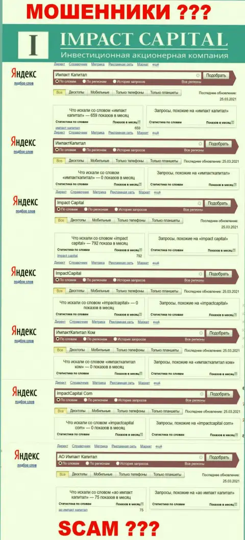 Показатели поисковых запросов по Импакт Капитал на интернет-ресурсе wordstat yandex ru