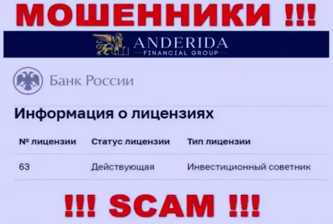 Anderida Group уверяют, что имеют лицензию на осуществление деятельности от Центробанка РФ (данные с веб-портала мошенников)