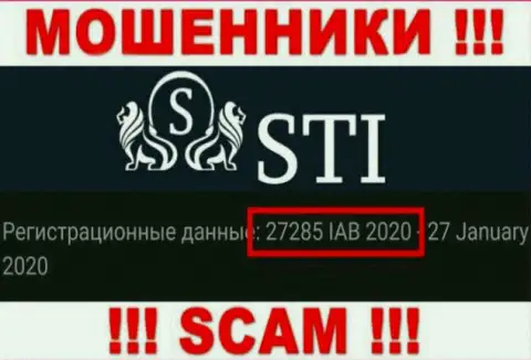 Регистрационный номер СтокОпционс, который мошенники предоставили на своей web странице: 27285 IAB 2020