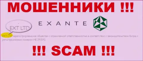 Организацией EXANTE управляет ХНТ ЛТД - сведения с официального портала мошенников