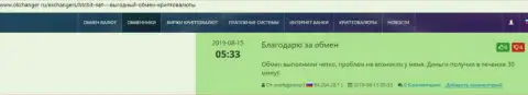 Положительные высказывания в пользу online обменника БТЦ Бит, расположенные на сайте okchanger ru