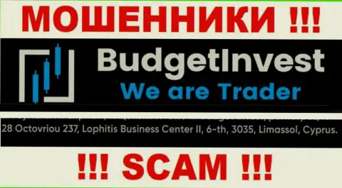 Не имейте дело с конторой Budget Invest - указанные internet мошенники пустили корни в оффшоре по адресу: 8 Octovriou 237, Lophitis Business Center II, 6-th, 3035, Limassol, Cyprus