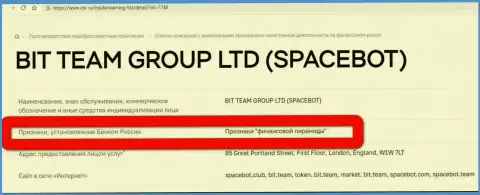Бит Тим (SpaceBot) признаны были ЦБ РФ финансовой пирамидой