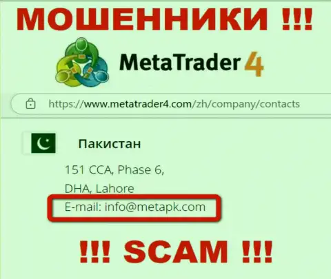 В контактных данных, на сайте мошенников Meta Trader 4, предоставлена эта электронная почта